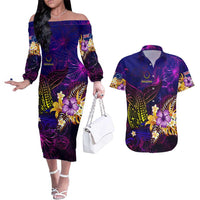 Cook Islands Couples Matching Off The Shoulder Long Sleeve Dress and Hawaiian Shirt Whale Hibiscus Polynesian