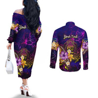 Nauru Couples Matching Off The Shoulder Long Sleeve Dress and Long Sleeve Button Shirt Whale Hibiscus Polynesian