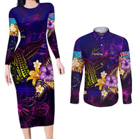 Tuvalu Couples Matching Long Sleeve Bodycon Dress and Long Sleeve Button Shirt Whale Hibiscus Polynesian DT02 Purple - Polynesian Pride