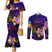 Tuvalu Couples Matching Mermaid Dress and Long Sleeve Button Shirt Whale Hibiscus Polynesian DT02 Purple - Polynesian Pride