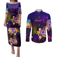 Tuvalu Couples Matching Puletasi and Long Sleeve Button Shirt Whale Hibiscus Polynesian DT02 Purple - Polynesian Pride