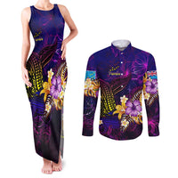 Tuvalu Couples Matching Tank Maxi Dress and Long Sleeve Button Shirt Whale Hibiscus Polynesian DT02 Purple - Polynesian Pride