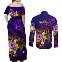 Northern Mariana Islands Couples Matching Off Shoulder Maxi Dress and Long Sleeve Button Shirt Whale Hibiscus Polynesian