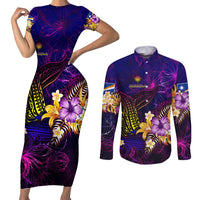 Marshall Islands Couples Matching Short Sleeve Bodycon Dress and Long Sleeve Button Shirt Whale Hibiscus Polynesian