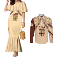 Fiji Bula Couples Matching Mermaid Dress and Long Sleeve Button Shirts Tapa Pattern Design DT02 Beige - Polynesian Pride