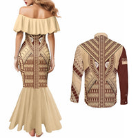 Fiji Bula Couples Matching Mermaid Dress and Long Sleeve Button Shirts Tapa Pattern Design DT02 - Polynesian Pride