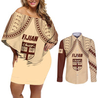 Fiji Bula Couples Matching Off Shoulder Short Dress and Long Sleeve Button Shirts Tapa Pattern Design DT02 Beige - Polynesian Pride