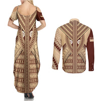 Fiji Bula Couples Matching Summer Maxi Dress and Long Sleeve Button Shirts Tapa Pattern Design DT02 - Polynesian Pride
