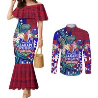 Manu Samoa Rugby 2023 Couples Matching Mermaid Dress and Long Sleeve Button Shirts Humpback Whale Hexagon Tribal Tropical Style DT02 Blue - Polynesian Pride