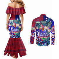 Manu Samoa Rugby 2023 Couples Matching Mermaid Dress and Long Sleeve Button Shirts Humpback Whale Hexagon Tribal Tropical Style DT02 - Polynesian Pride