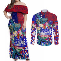 Manu Samoa Rugby 2023 Couples Matching Off Shoulder Maxi Dress and Long Sleeve Button Shirts Humpback Whale Hexagon Tribal Tropical Style DT02 Blue - Polynesian Pride