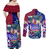 Manu Samoa Rugby 2023 Couples Matching Off Shoulder Maxi Dress and Long Sleeve Button Shirts Humpback Whale Hexagon Tribal Tropical Style DT02 - Polynesian Pride