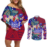 Manu Samoa Rugby 2023 Couples Matching Off Shoulder Short Dress and Long Sleeve Button Shirts Humpback Whale Hexagon Tribal Tropical Style DT02 Blue - Polynesian Pride