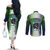 Personalised New Zealand Warriors Couples Matching Off The Shoulder Long Sleeve Dress and Long Sleeve Button Shirt Maori Silver Fern Green DT02 - Polynesian Pride
