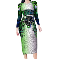 Personalised New Zealand Warriors Family Matching Long Sleeve Bodycon Dress and Hawaiian Shirt Maori Silver Fern Green DT02 Mom's Dress Green - Polynesian Pride