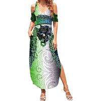 Personalised New Zealand Warriors Family Matching Summer Maxi Dress and Hawaiian Shirt Maori Silver Fern Green DT02 Mom's Dress Green - Polynesian Pride