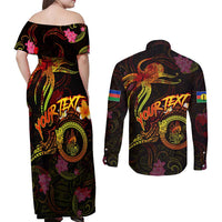 New Caledonia Couples Matching Off Shoulder Maxi Dress and Long Sleeve Button Shirt Octopus Plumeria Polynesian Tattoo