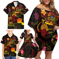 Tahiti French Polynesia Family Matching Off Shoulder Short Dress and Hawaiian Shirt Octopus Plumeria Polynesian Tattoo