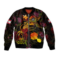 Tahiti French Polynesia Sleeve Zip Bomber Jacket Octopus Plumeria Polynesian Tattoo