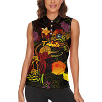Tahiti French Polynesia Women Sleeveless Polo Shirt Octopus Plumeria Polynesian Tattoo