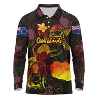 Cook Islands Long Sleeve Polo Shirt Octopus Plumeria Polynesian Tattoo