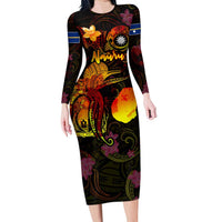 Nauru Long Sleeve Bodycon Dress Octopus Plumeria Polynesian Tattoo DT02 Long Dress Black - Polynesian Pride