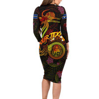 Nauru Long Sleeve Bodycon Dress Octopus Plumeria Polynesian Tattoo DT02 - Polynesian Pride