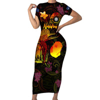 Nauru Short Sleeve Bodycon Dress Octopus Plumeria Polynesian Tattoo