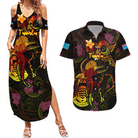 Tuvalu Couples Matching Summer Maxi Dress and Hawaiian Shirt Octopus Plumeria Polynesian Tattoo DT02 Black - Polynesian Pride