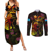 Tuvalu Couples Matching Summer Maxi Dress and Long Sleeve Button Shirt Octopus Plumeria Polynesian Tattoo DT02 Black - Polynesian Pride