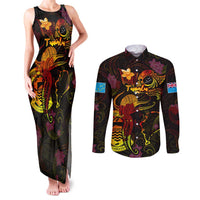 Tuvalu Couples Matching Tank Maxi Dress and Long Sleeve Button Shirt Octopus Plumeria Polynesian Tattoo DT02 Black - Polynesian Pride