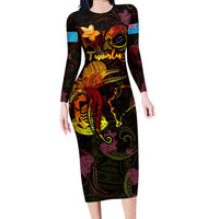 Tuvalu Family Matching Long Sleeve Bodycon Dress and Hawaiian Shirt Octopus Plumeria Polynesian Tattoo