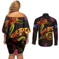 Northern Mariana Islands Couples Matching Off Shoulder Short Dress and Long Sleeve Button Shirt Octopus Plumeria Polynesian Tattoo