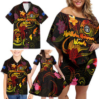 Northern Mariana Islands Family Matching Off Shoulder Short Dress and Hawaiian Shirt Octopus Plumeria Polynesian Tattoo