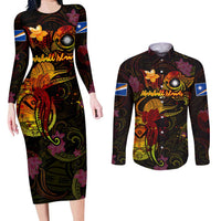 Marshall Islands Couples Matching Long Sleeve Bodycon Dress and Long Sleeve Button Shirt Octopus Plumeria Polynesian Tattoo
