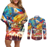 Custom The Philippines 126th Independence Anniversary Couples Matching Off Shoulder Short Dress and Long Sleeve Button Shirt Art Style DT02 Art - Polynesian Pride