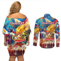 Custom The Philippines 126th Independence Anniversary Couples Matching Off Shoulder Short Dress and Long Sleeve Button Shirt Art Style DT02 - Polynesian Pride