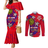 Personalized Philippines 12 June Independence Day Couples Matching Mermaid Dress and Long Sleeve Button Shirt Polynesian Turtle Plumeria DT02 Red - Polynesian Pride