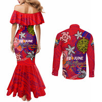 Personalized Philippines 12 June Independence Day Couples Matching Mermaid Dress and Long Sleeve Button Shirt Polynesian Turtle Plumeria DT02 - Polynesian Pride