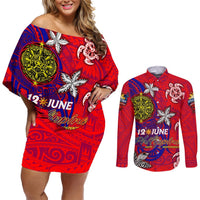 Personalized Philippines 12 June Independence Day Couples Matching Off Shoulder Short Dress and Long Sleeve Button Shirt Polynesian Turtle Plumeria DT02 Red - Polynesian Pride