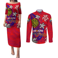 Personalized Philippines 12 June Independence Day Couples Matching Puletasi and Long Sleeve Button Shirt Polynesian Turtle Plumeria DT02 Red - Polynesian Pride