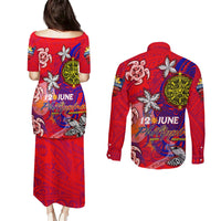 Personalized Philippines 12 June Independence Day Couples Matching Puletasi and Long Sleeve Button Shirt Polynesian Turtle Plumeria DT02 - Polynesian Pride