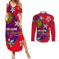 Personalized Philippines 12 June Independence Day Couples Matching Summer Maxi Dress and Long Sleeve Button Shirt Polynesian Turtle Plumeria DT02 Red - Polynesian Pride
