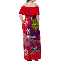 Personalized Philippines 12 June Independence Day Off Shoulder Maxi Dress Polynesian Turtle Plumeria