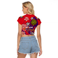 Personalized Philippines 12 June Independence Day Raglan Cropped T Shirt Polynesian Turtle Plumeria