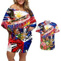 Personalized Philippines Independence Day Couples Matching Off Shoulder Short Dress and Hawaiian Shirt Polynesia Filipinas Eagle Hibiscus DT02 Blue - Polynesian Pride