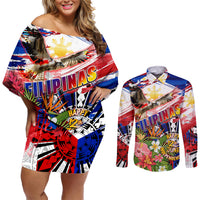 Personalized Philippines Independence Day Couples Matching Off Shoulder Short Dress and Long Sleeve Button Shirt Polynesia Filipinas Eagle Hibiscus DT02 Blue - Polynesian Pride