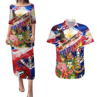 Personalized Philippines Independence Day Couples Matching Puletasi and Hawaiian Shirt Polynesia Filipinas Eagle Hibiscus DT02 Blue - Polynesian Pride