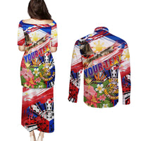 Personalized Philippines Independence Day Couples Matching Puletasi and Long Sleeve Button Shirt Polynesia Filipinas Eagle Hibiscus