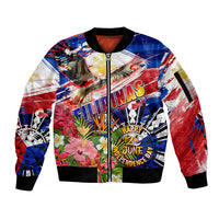 Personalized Philippines Independence Day Sleeve Zip Bomber Jacket Polynesia Filipinas Eagle Hibiscus